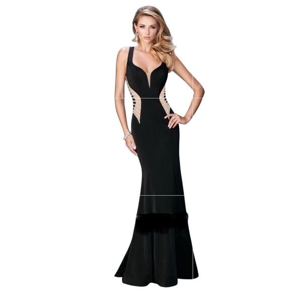 La Femme Sleeveless Mesh Cut Out Crystal Sides Full Length Black Mermaid Dress 8 - Picture 1 of 16